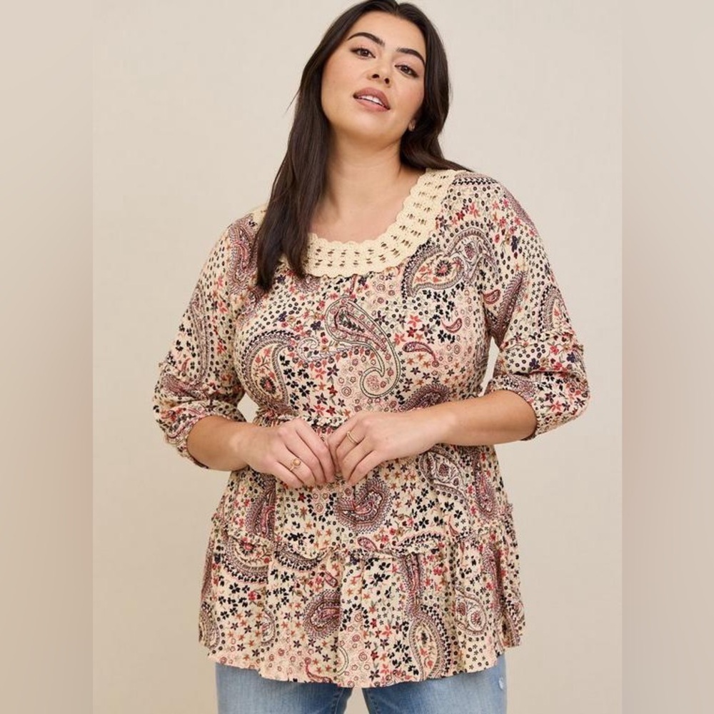 Torrid Babydoll Clip Dot Crinkle Gauze Crochet Neck Top Size 2x